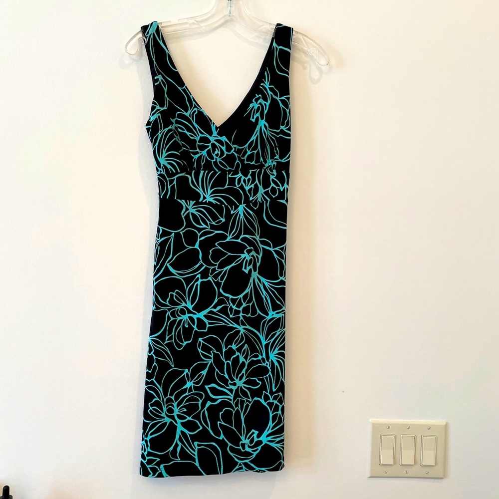 Mint floral black dress with v neck and back tie